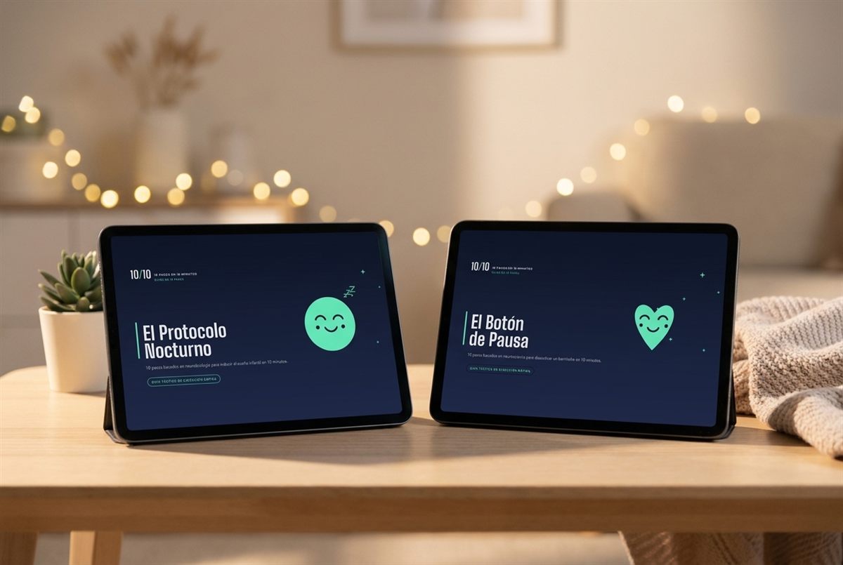 Las dos guías del kit —El Protocolo Nocturno y El Botón de Pausa— en dos tablets, en un hogar cálido.